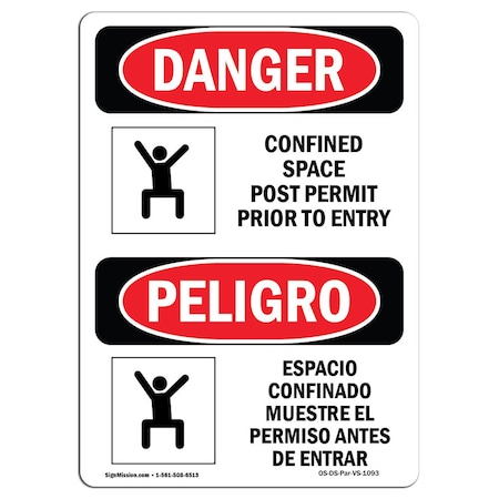 Signmission OSHA Danger, Confined Space Post Permit Bilingual, 14in X 10in Alum, 10" W, 14" H, Bilingual Spanish OS-DS-A-1014-VS-1093